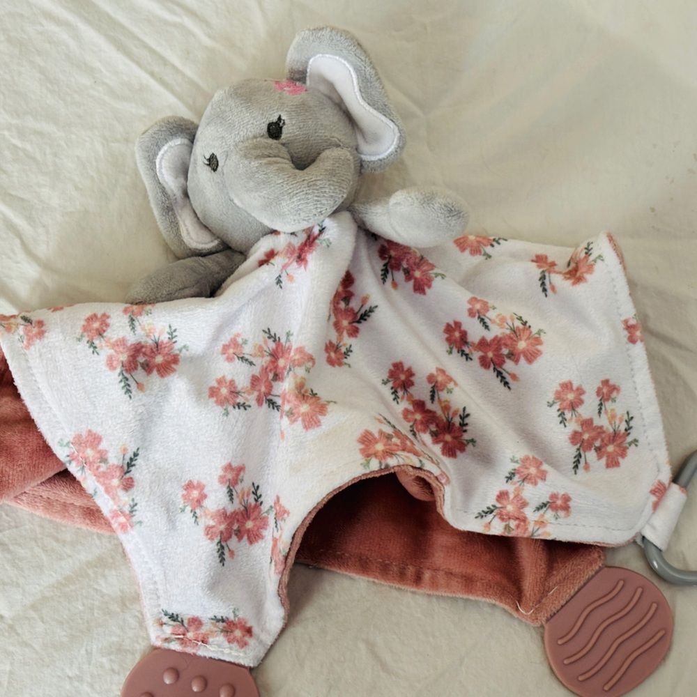 Modern Baby Elephant Lovey Pink and Gray Modern Snuggle Baby Toy Rattle Teether - Picture 8 of 8